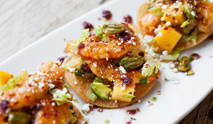 Lowcountry Shrimp Tostada with Mango Pistachio Salsa